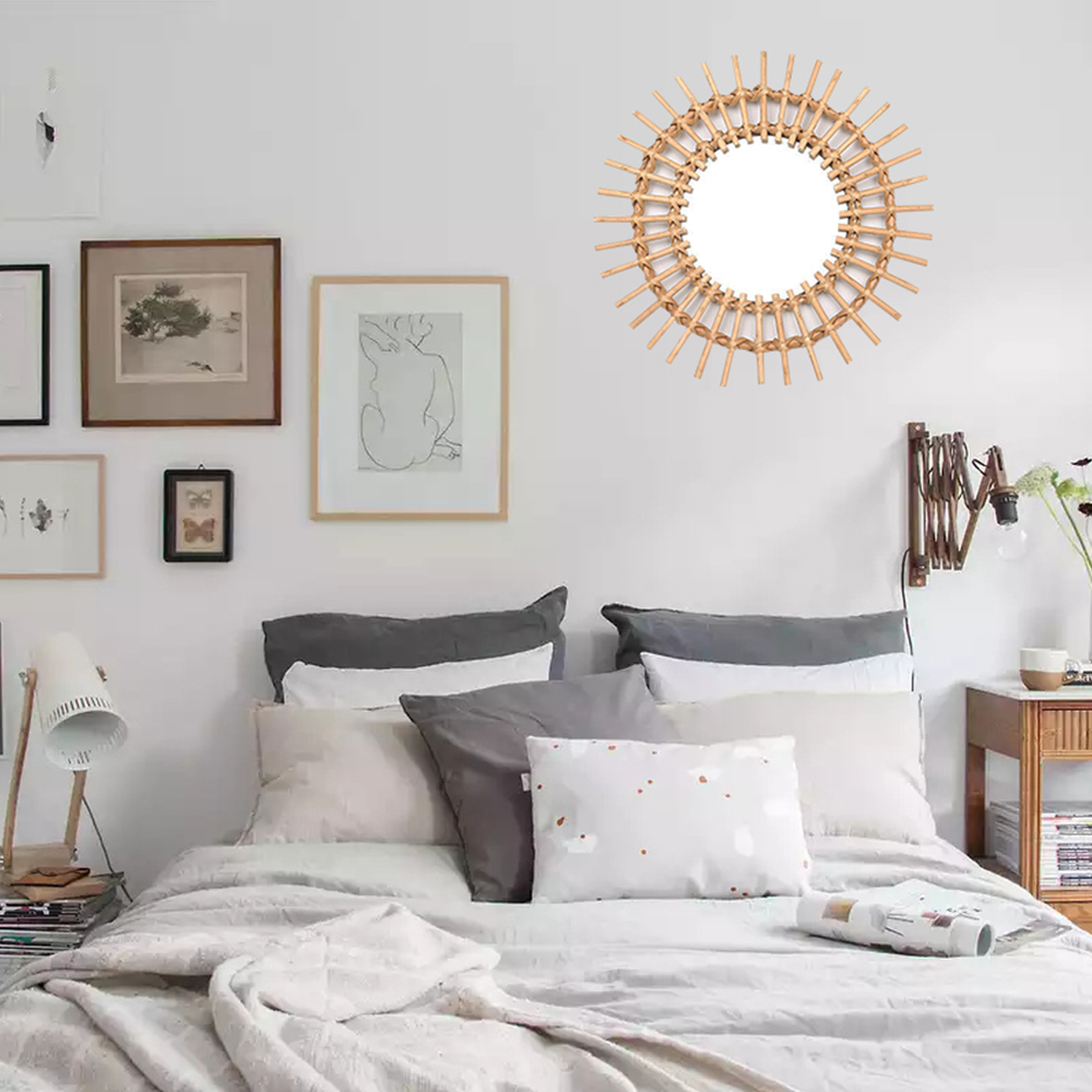 Espejo redondo de ratán para maquillaje, colgante de pared, nórdico, decoración artística innovadora