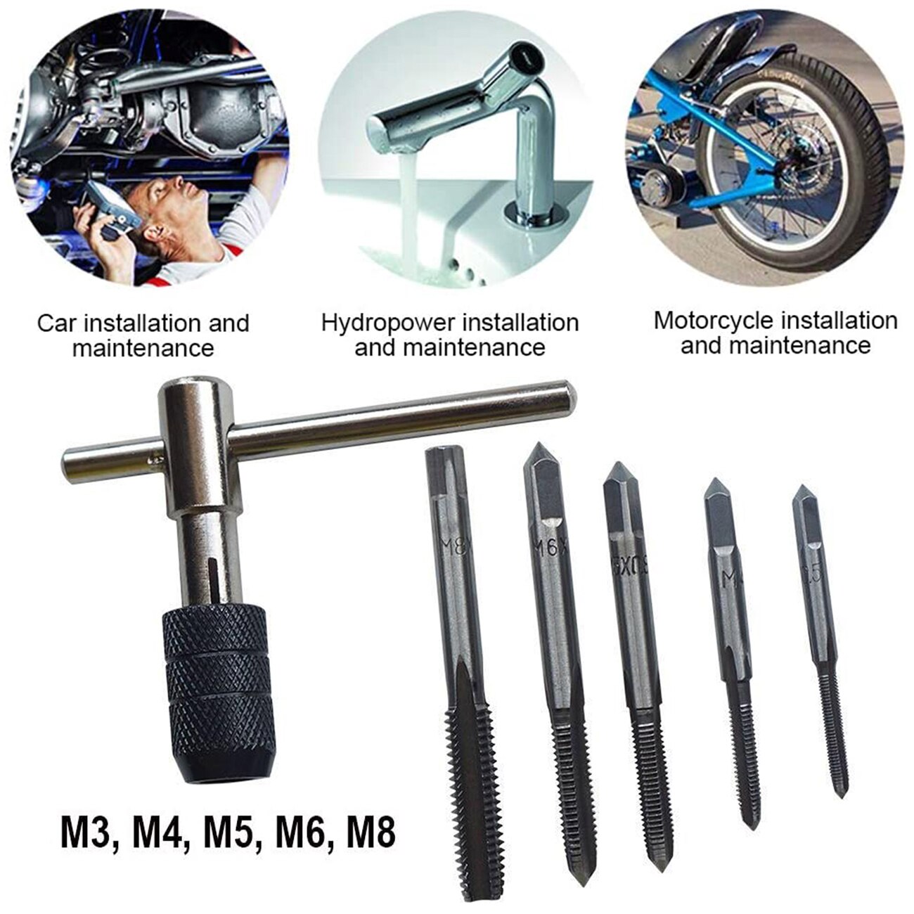 6Pcs Screw Tap Wrench Set Threading Tapping Hand Tool Kit Reversible Screwdriver Tap Holder T-Shaped M3 M4 M5 M6 M8 Wrench