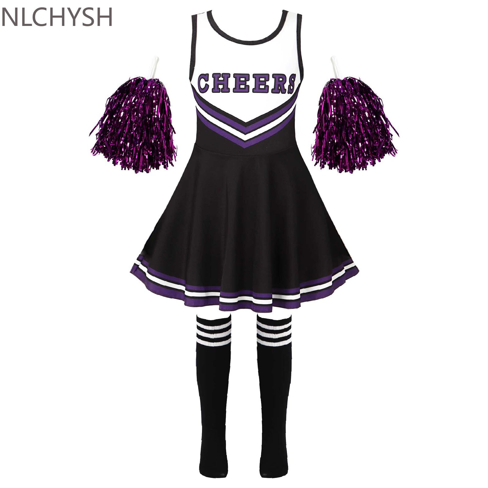 Mädchen Cheerleading Uniform tanzen Kostüm freundlicher Cheerleader Outfit Runde Ausschnitt Patchwork Stil tanzen Kleid Blume und Socken: Schwarz / 110