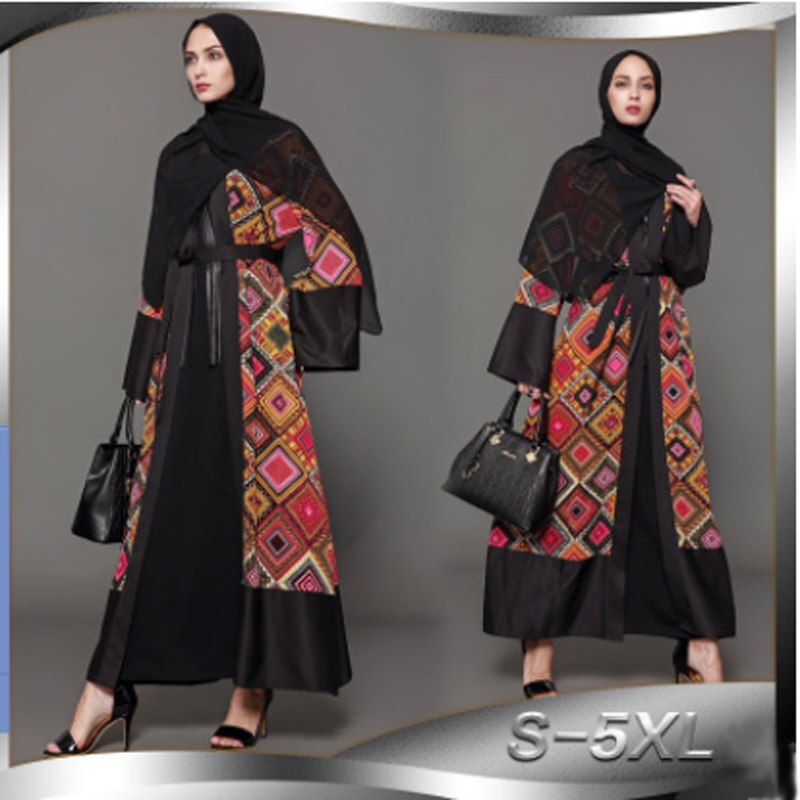 Vintage kontrast print cardigan muslimsk kjole frakke, islamisk kjole abaya / tunika lange klæder kimono ramadan arabisk tyrkisk tobe