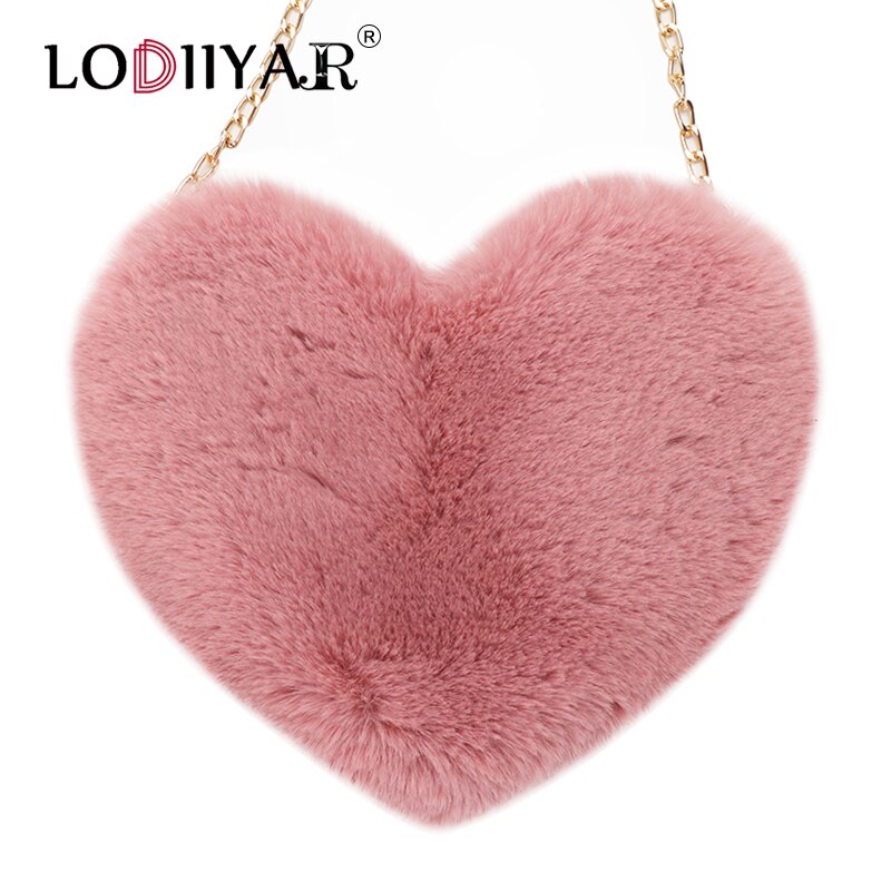 Faux Pelz Herz Tasche Mädchen Lolita Schulter Tasche Plüsch Crossbody Geldbörse Für Frauen Weibliche Rot Herz Perle Kette Handtasche Partei: Pink