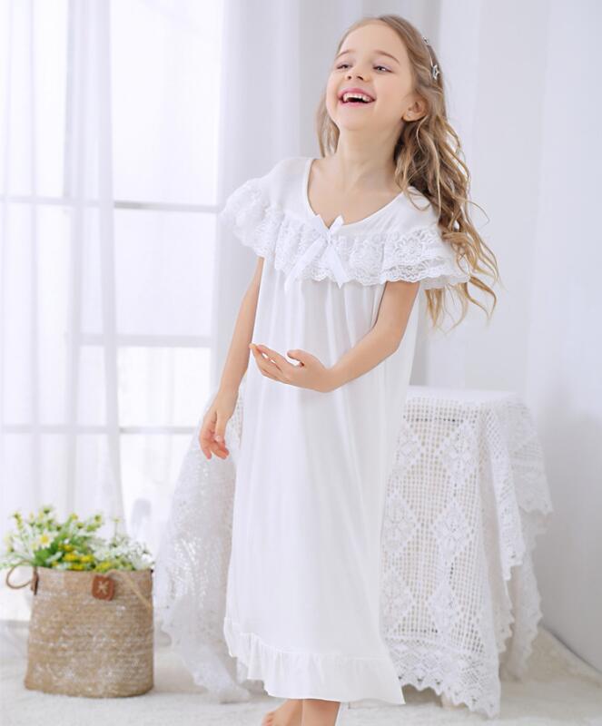 Camisón de encaje de algodón para niña, vestido de Pijama largo Maxi, ropa de dormir de Color puro, de 3 a 12 años, novedad de verano: Blanco / 3 años