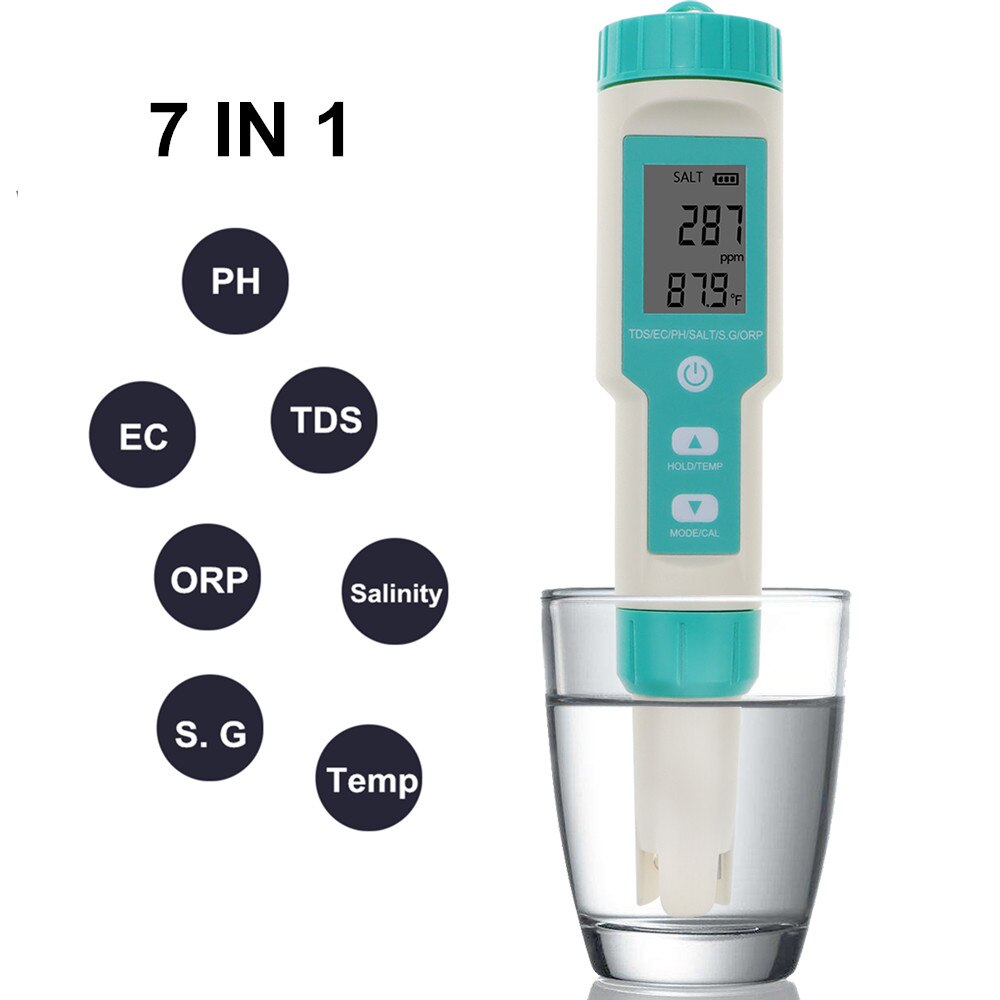 Medidor de Calidad de Agua 7 en 1 - pH / TDS / S.G. / EC / Salinidad / ORP Medidor de Calidad de Agua 7 en 1 - pH / TDS / S.G. / EC / Salinidad / ORP