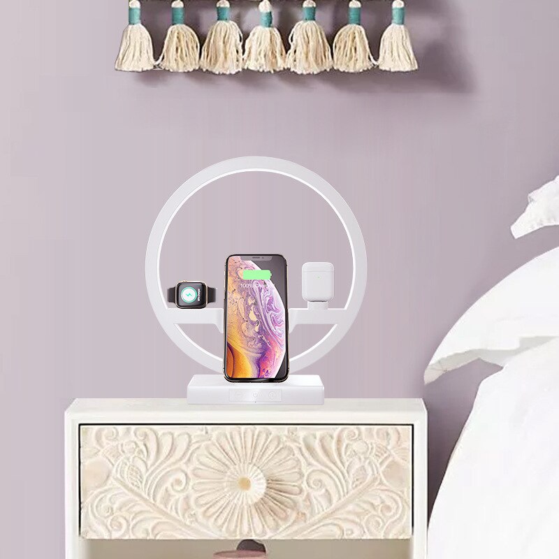 Lampe de Table 3 en 1 avec chargeur sans fil pour iPhone, Station de charge pour Apple Watch 5 4 3, chargeur sans fil rapide pour Airpods