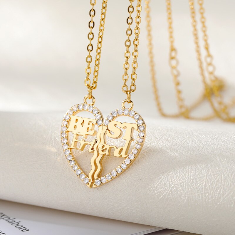 2 pieces zircon spliced love heart necklaces for women stainless steel gold letter best friend necklace boho jewelry friendship
