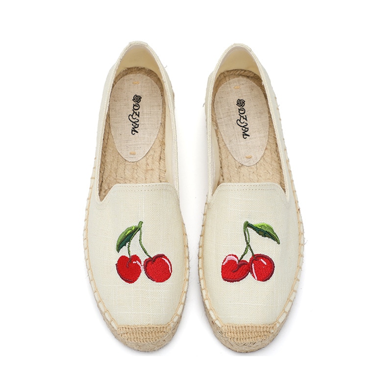 DZYM Zomer Cherry Borduren Vrouwen Visser Schoenen Stro-geweven Loafers Vlas Flats Leisure Linnen Vlas Dame Canvas Espadrilles: 5