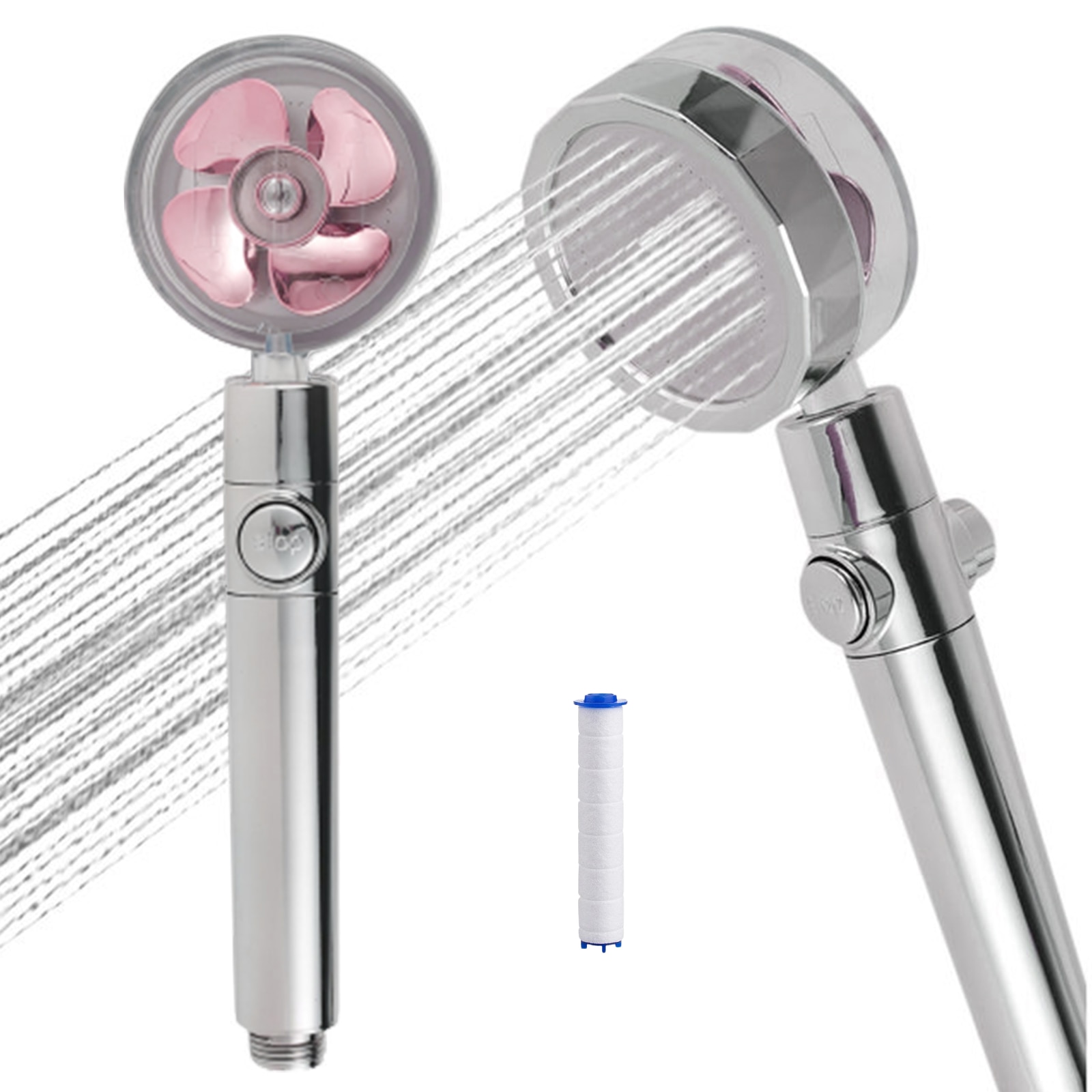 8Pcs Neerslag Turbo Douchekop Set Hoge Druk Regendouche Gedraaid Turbocharged Douche Met Ventilator 5 Filter Slang rack: 1PCS Pink