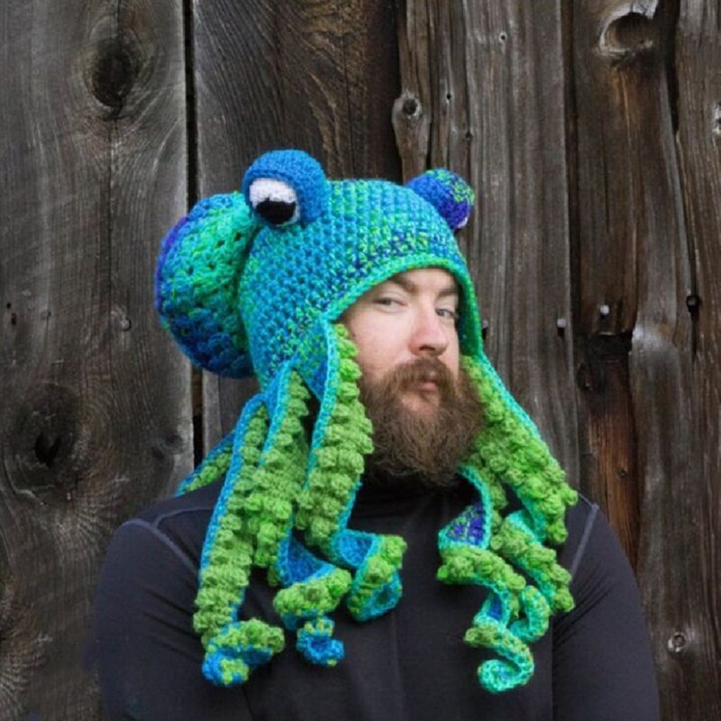 Gorro de lana tejido a mano para hombre, gorro con barba de pulpo, divertido, para de Cosplay, para invierno