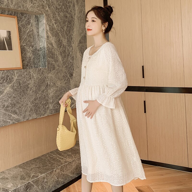 8201# Autumn Korean Maternity Party Long Dress Slim Waist Clothes for Pregnant Women Pregnancy Clothing