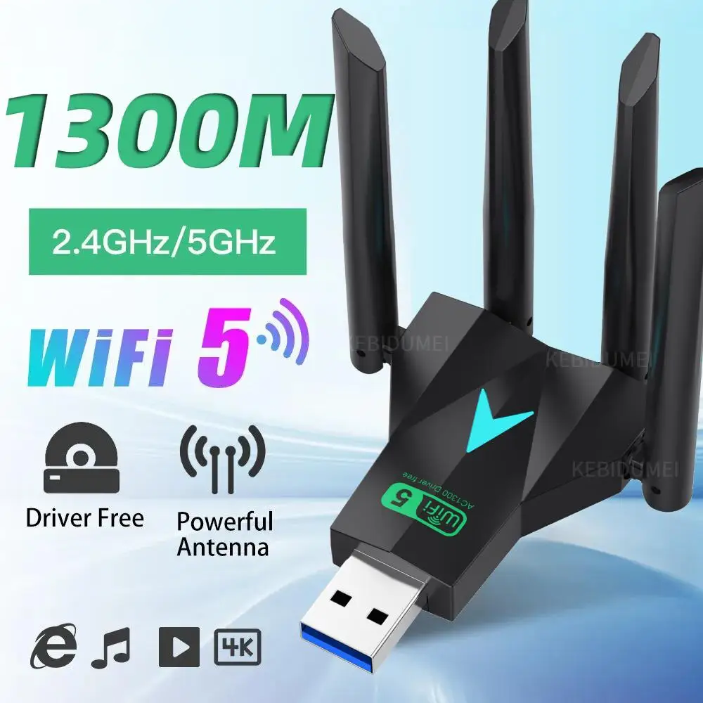 Dual Band 1300Mbps WiFi USB Adapter 2.4G/5Ghz Wi-Fi Dongle USB3.0 802.11AC 4-Antenna Wireless Receiver For PC/Laptop Driver Free: Default Title