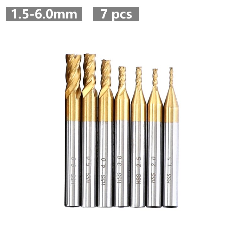 1.5-6.0mm fræser sæt 7 stk /11 stk metrisk 4 riller titanium højhastigheds stål cnc fræse til træ metal fræsning skæreværktøj: 1.5-6mm(7 stk)