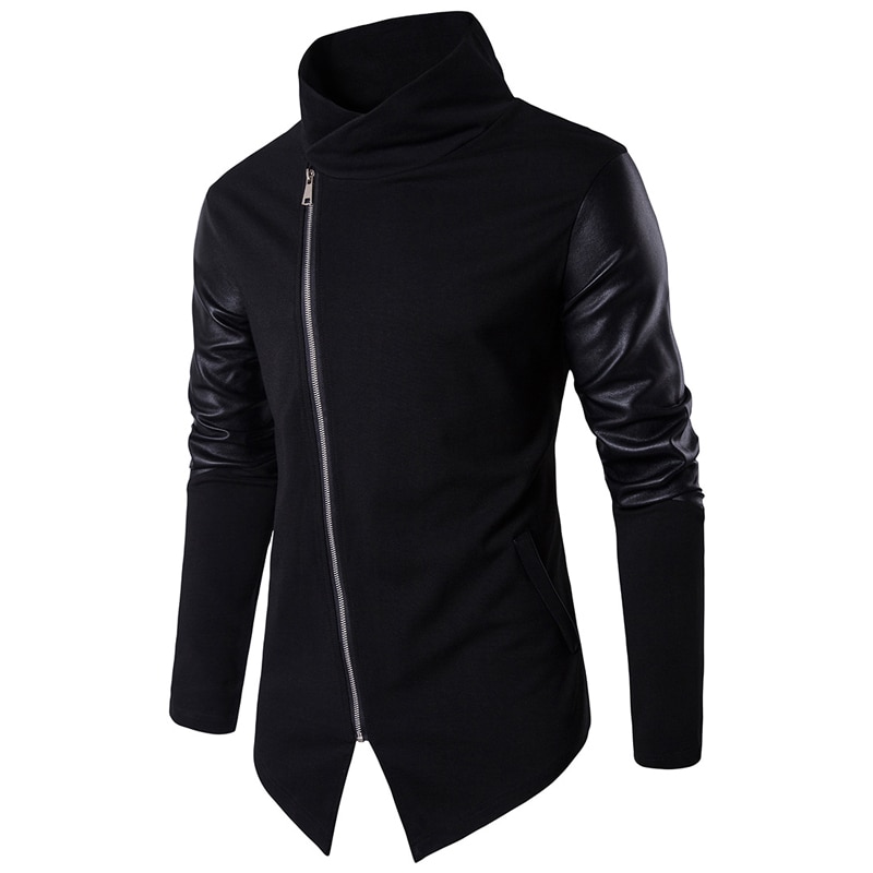 Rollkragenpullover Männer Patchwork PU Leder Ärmel Lange Herren Strickjacken Beiläufige Dünne Reißverschluss Schwarz ziehen Homme