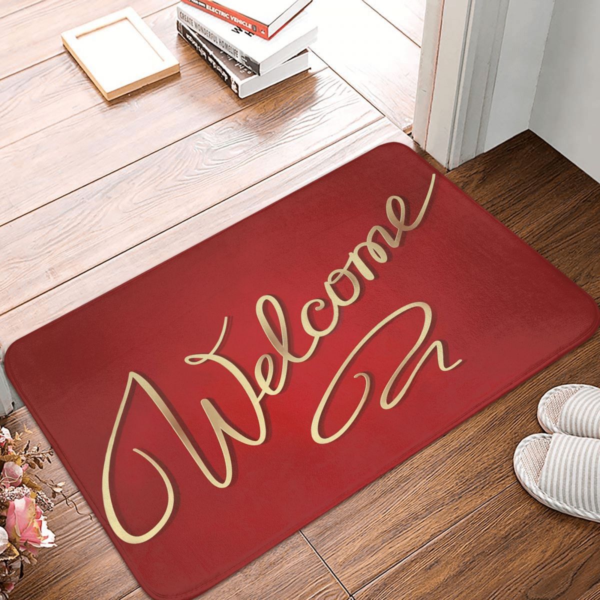 Welcome Lettering Doormat Bedroom Welcome Polyeste Kitchen Door Floor Carpet Red Christmas Absorbent Floor Rug Door Mat Foot Pad