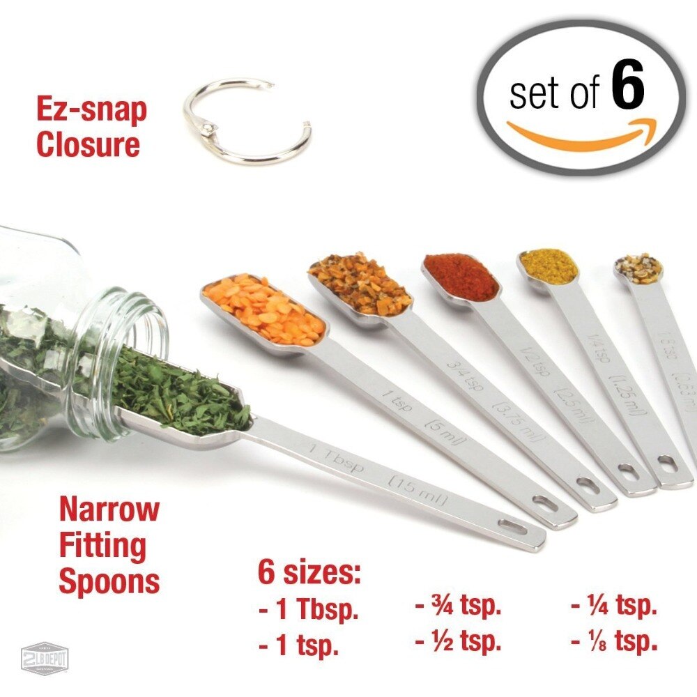 Cuillères à mesurer étroites et précises S/6 S/S pour bocaux à épices à bouche fine et étroite commerciale du Chef pour la cuisson