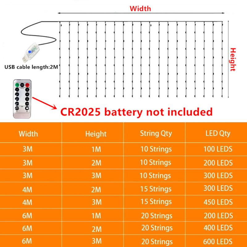 6M x 3M 3M x 3M Gordijn Lichtslingers USB Power LED Fairy Light Venster Nieuwjaar 2025 Garland Led-verlichting Kerstdecoratie