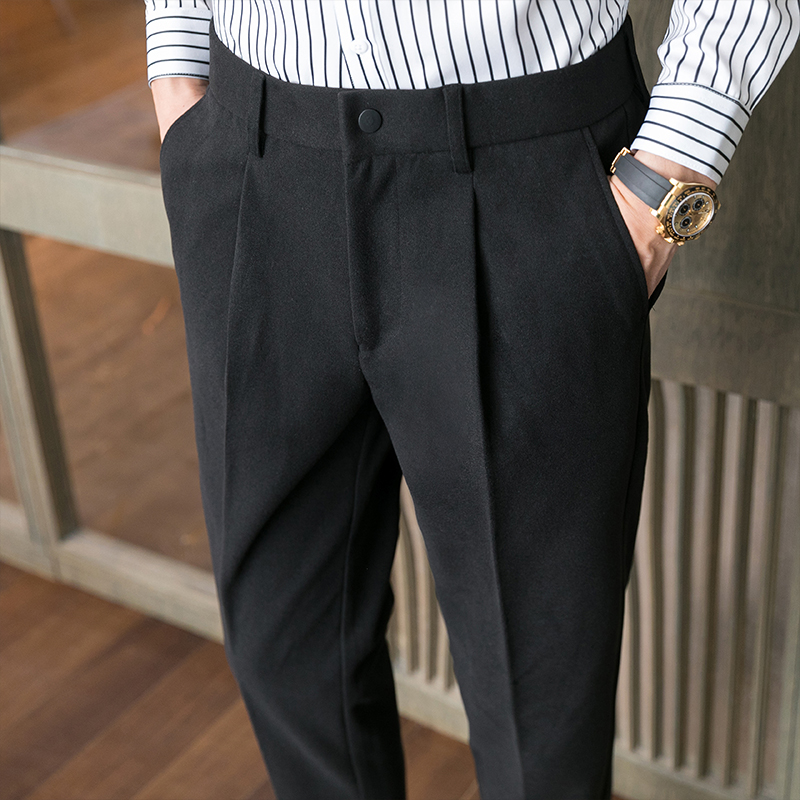 Herfst Winter Wollen Business Jurk Broek Voor Mannen Effen Kleur Toevallige Slanke Bruiloft Kantoor Sociale Pak Broek Streetwear Broek: Black / Xl