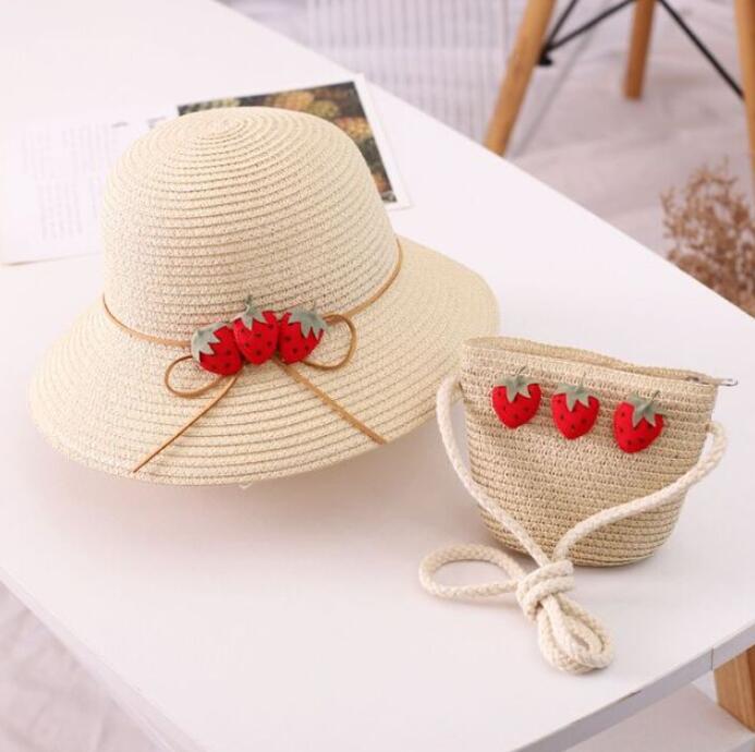 bonnet bebe fille Ensemble chapeau et sac en paille ondulé à la fraise pour fille, 2 pièces, accessoires de protection solaire pour enfants de 3 à 8 ans, printemps et été: 2Pcs-Beige