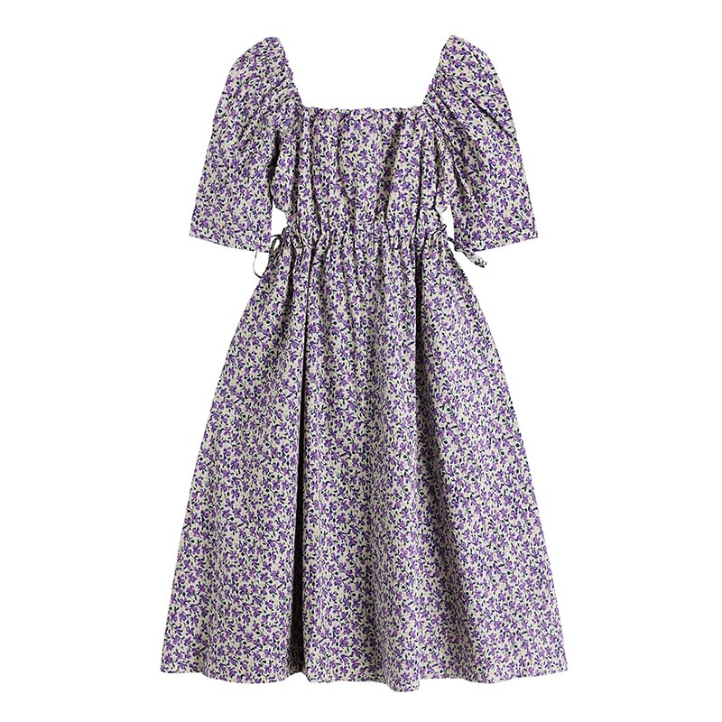 Summer Purple Floral Print Dress Women Stylish Puff Short Sleeve Dresses French Sweet Lace Up Hollow Out Frcoks