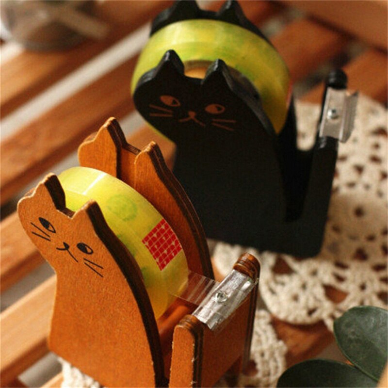 Kawaii Cute cat wooden tape Dispenser Tape holder Tapes cutter Office School Supplies Stationery