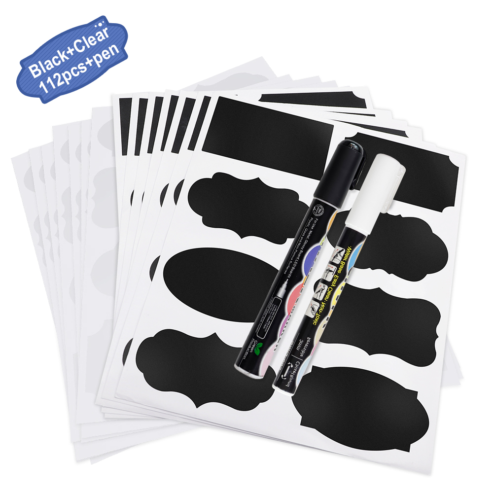 112pcs/set Blackboard Labels Waterproof Blackboards Sticker Mixed Color 9X5cm with Ink Pen Reusable Blackboard Vinyl Set