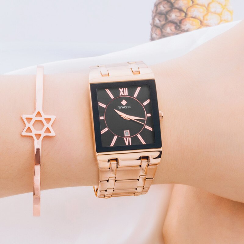 WWOOR-Relojes de pulsera para mujer, de cuarzo, Cuadrado dorado, rosa, deportivo, resistente al agua,