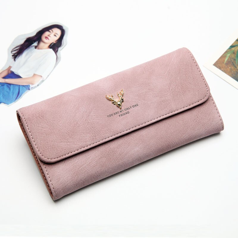 Cartera para mujer, bolso largo de piel con cuernos, monedero para mujer, bolso de mano para teléfono, cartera para mujer, tarjetero, Bolsa Vintage femenina: Pink