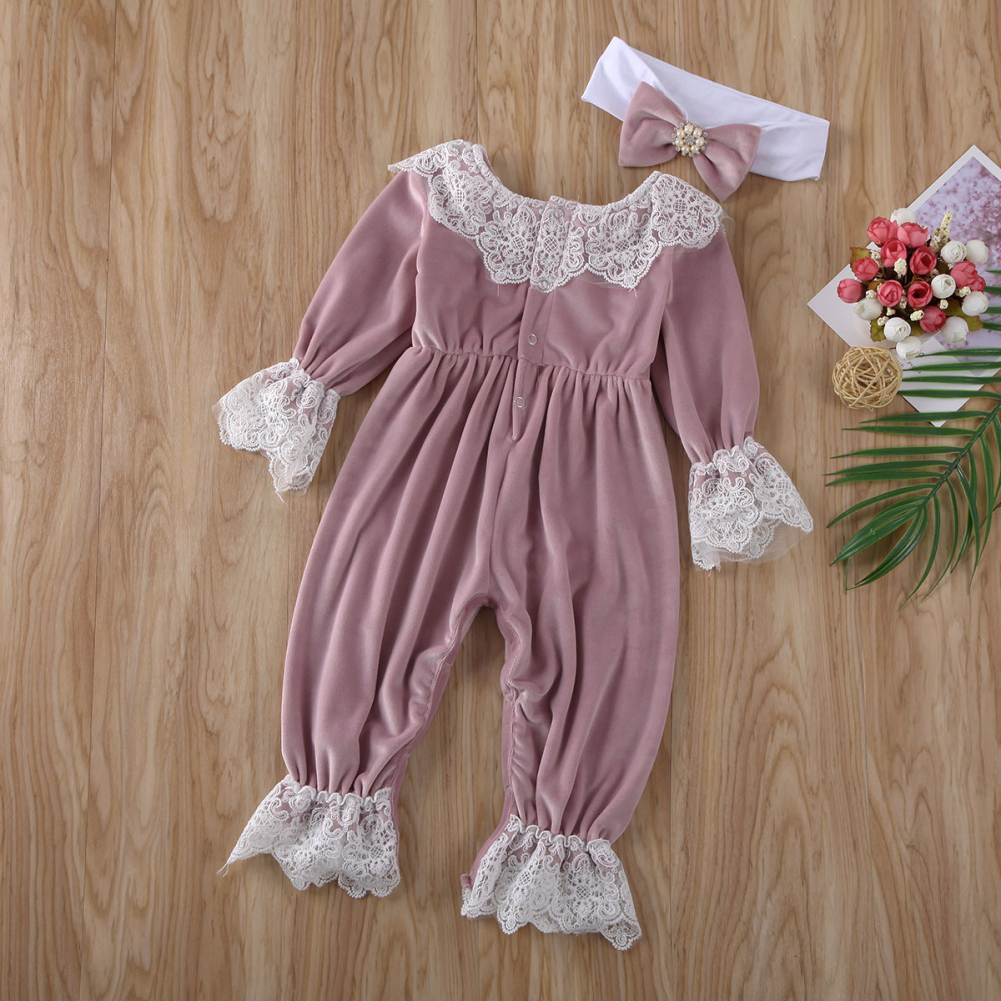 0-24M Infant Kids Baby Girls Boys Rompers Velvet Lace Long Sleeve Jumpsuits Clothes Headband 2pcs