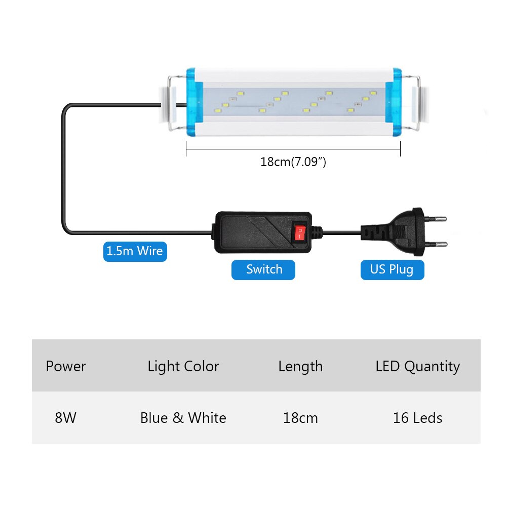 Waterdichte Vis Armatuur Verstelbare Aquarium Licht Plant Lamp Ac 90-260V Decor Wit Blauw Verlichting Super Slanke Leds us/Eu Plug: EU plug-18cm
