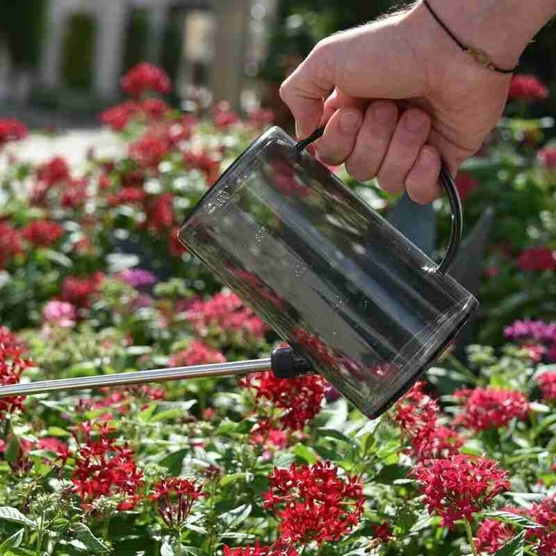 Regadera de acero transparente de boca larga para plantas, bote rociador duradero de 1L, herramientas de jardinería, regadera de flores