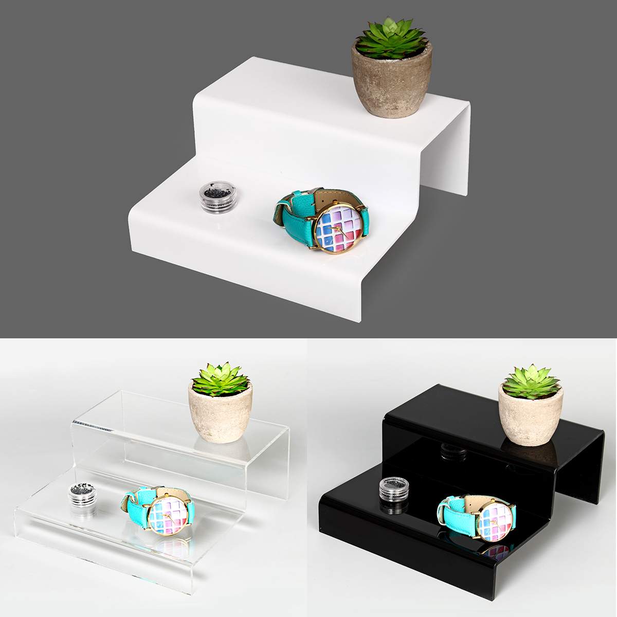 2 Step Tier Acrylic Retail Riser Counter Shoes Jewellery Display Stands Decor Jewelry Ladder Shelf Double Rack Organizers