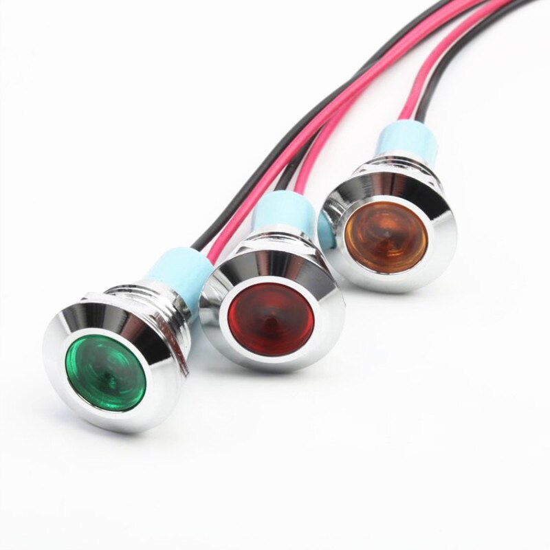 1pcs 12mm Flat head LED Metal Indicator light 12mm waterproof Signal lamp 6V 12V 24V 220v with wire red yellow blue green white