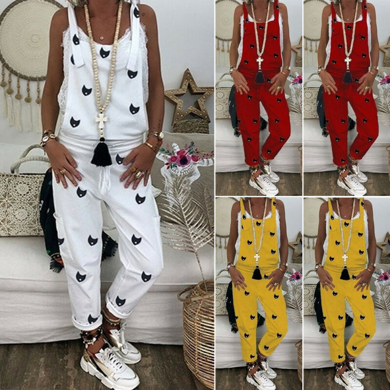 3 farver seneste ankomne kvinders afslappet printet strappy baggy løs jumpsuit kvindelig sommer ærmeløs harem lang playsuit s -2xl