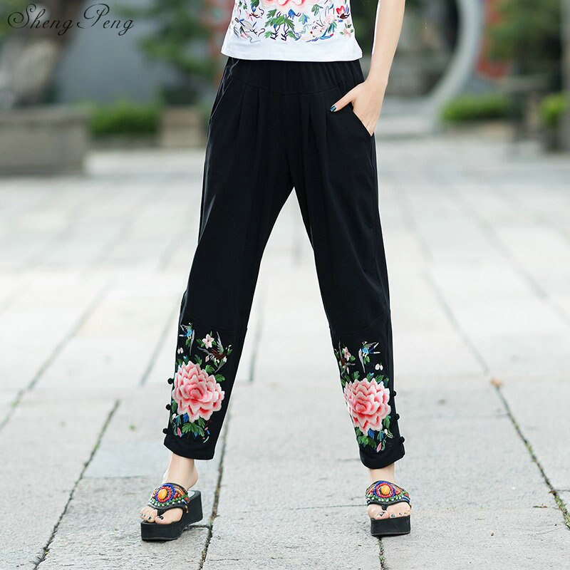 Printemps lâche grande taille brodé loisirs pantalon femme large jambe femmes pantalon décontracté chinois Harlan pantalon V1357