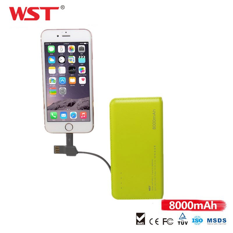 WST Quick Charge PowerBank 8000mAh Ultra Dunne Externe Draagbare Batterij Met ingebouwde Kabel Voor IOS Android Caricatore Portatile