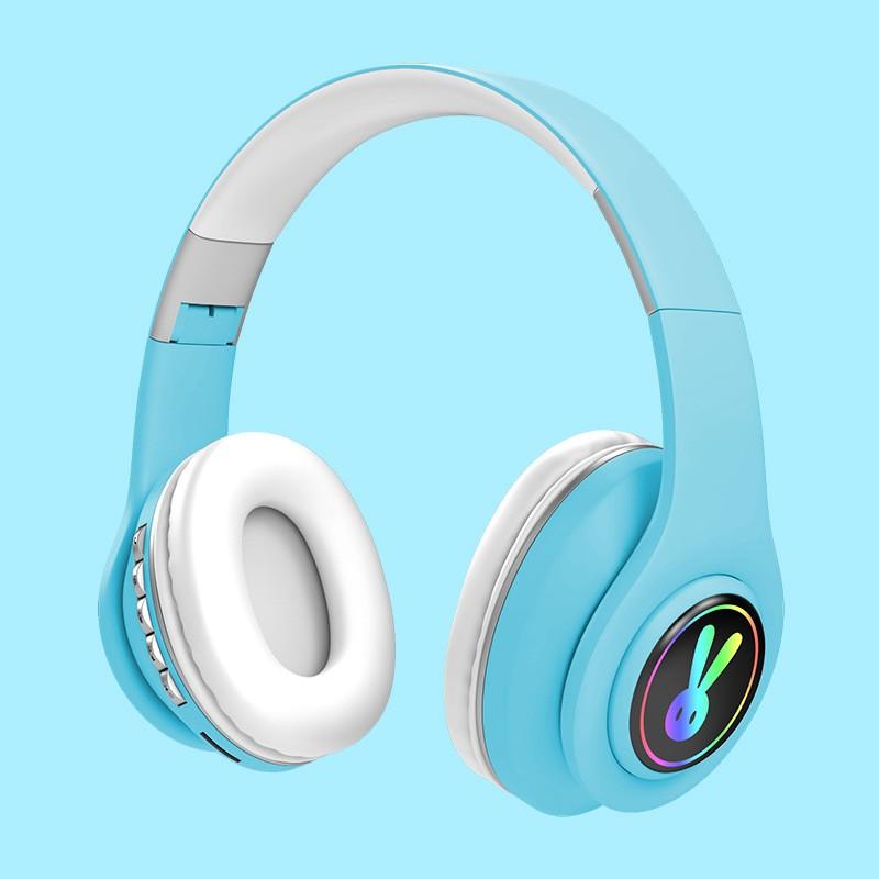 Bluetooth Wireless Headphones Macaron Color Hifi Music Auto Pairing Earphones Can Inserted TF Card Blue Pink Yellow Headsets: LED Lighting Blue