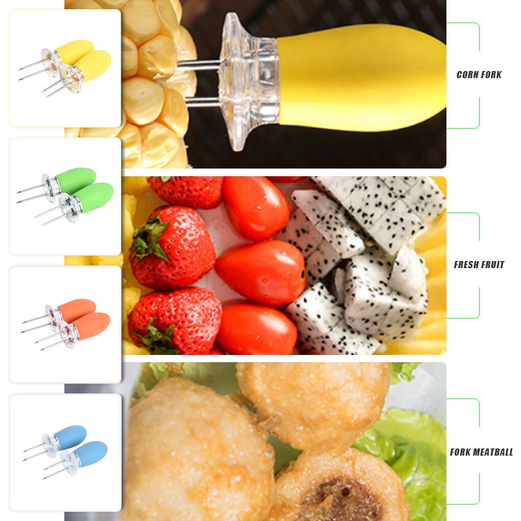 2 Stuks Vork Maïs Bbq Spies Rvs Corn Houders Maïskolven Spiesjes Fruit Vorken Barbecue Tool