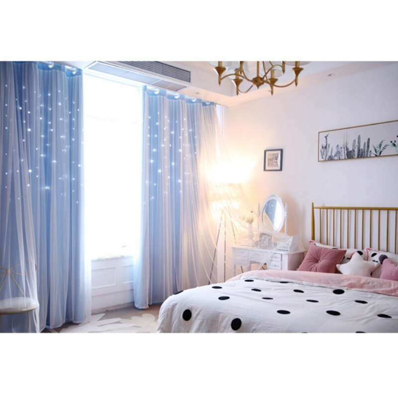 100x200CM Romantic Rainbow Color Sheer Curtain Girl Kids Bedroom Full Blackout Window Drapes Hollow Star Curtain Home Decor