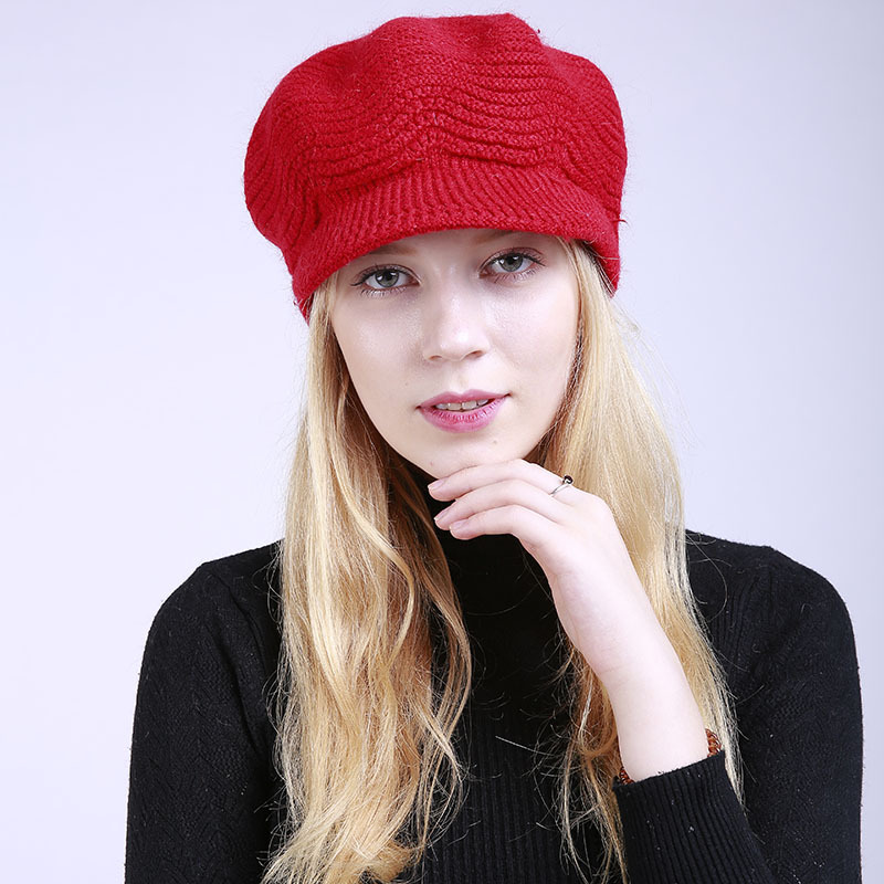 Autumn Winter Brim Wool Hat Solid Color Soft Beanie Female Women Warm Fleece Inside Knitted Visors Cap