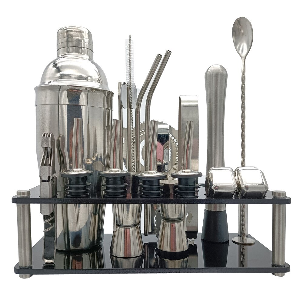 Bar shaker kit cocktail shaker 23-piece set with 304 stainless steel ice pellets, measuring cup, hippocampus, straw, wine spout