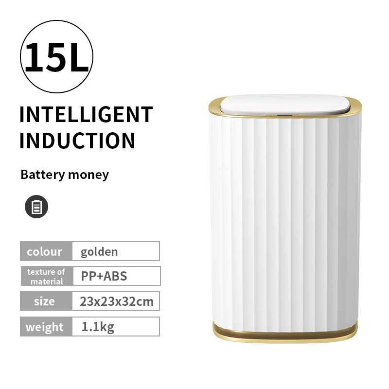 9L/12L/15L Kitchen Smart Trash Can Automatic Induction IPX5 Waterproof Electronic Bathroom Rubbish Bin Toilet Narrow Garbage Can: Battery 15L gold