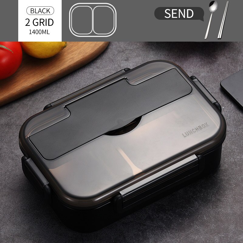 WORTHBUY fiambrera japonesa para niños con compartimentos, caja Bento de acero inoxidable 304 para niños, caja contenedora de alimentos con vajilla: 2 Grid Black