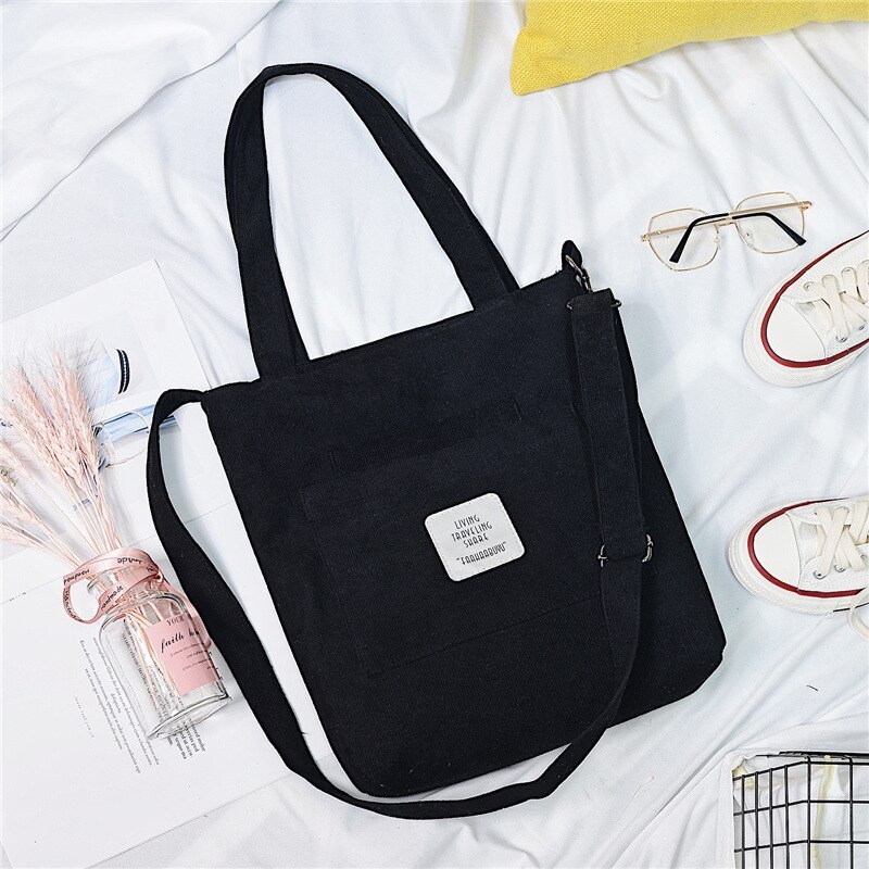 Women Warm Corduroy Tote Ladies Casual Canvas Shoulder Bag Soft Crossbody Bags Beach Bag Striped Cloth Female Handbag Books Bags: Black