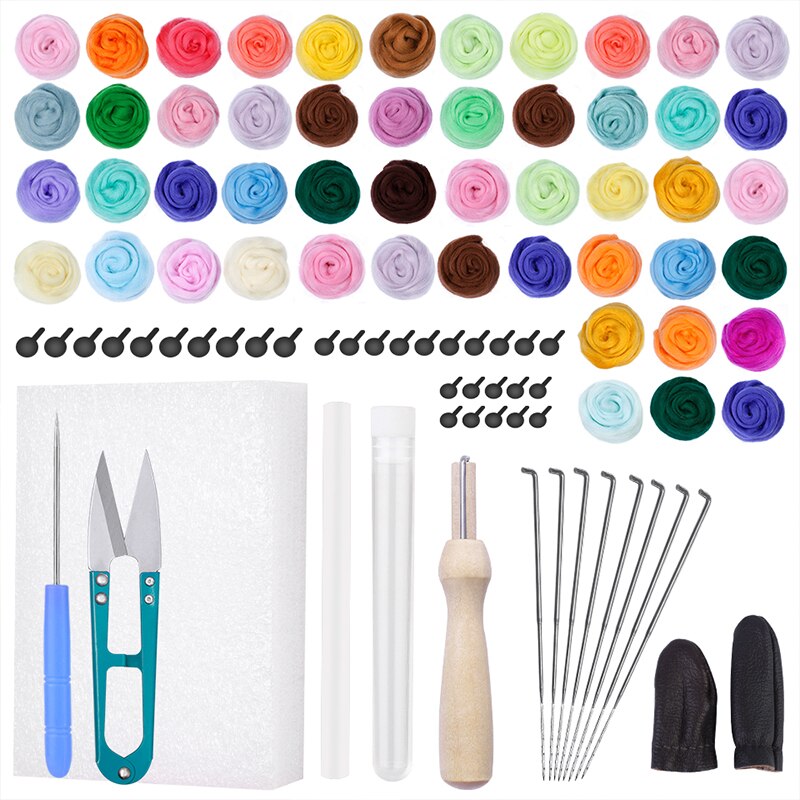 LMDZ 50/20Color DIY Wool Felt Kit Wool Felting Tools Handmade Needle Set 15pcs Pack Felting Fabric Materials Handcraft