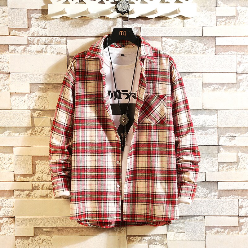 Brand Spring Autumn Long Sleeves Flannel Collar Korea STYLE Shirt For Men's Plaid Harajuku Clothing: TX08 3 / XXXL FOR 185 CM 85KG