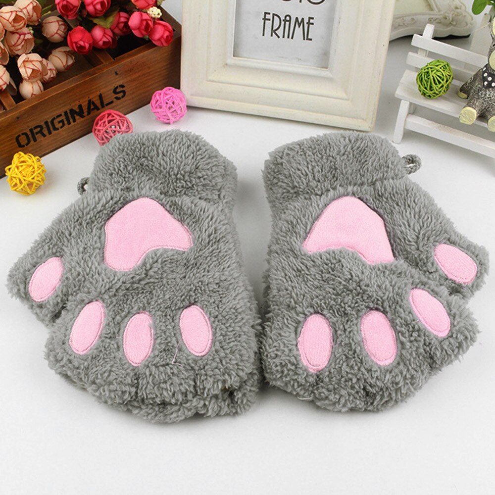 Winter Handschoenen Kids Leuke Cartoon Meisje Kat Claw Paw Vingerloze Winter Warmer Half Vinger Handschoenen Mitten YE11.5: GY