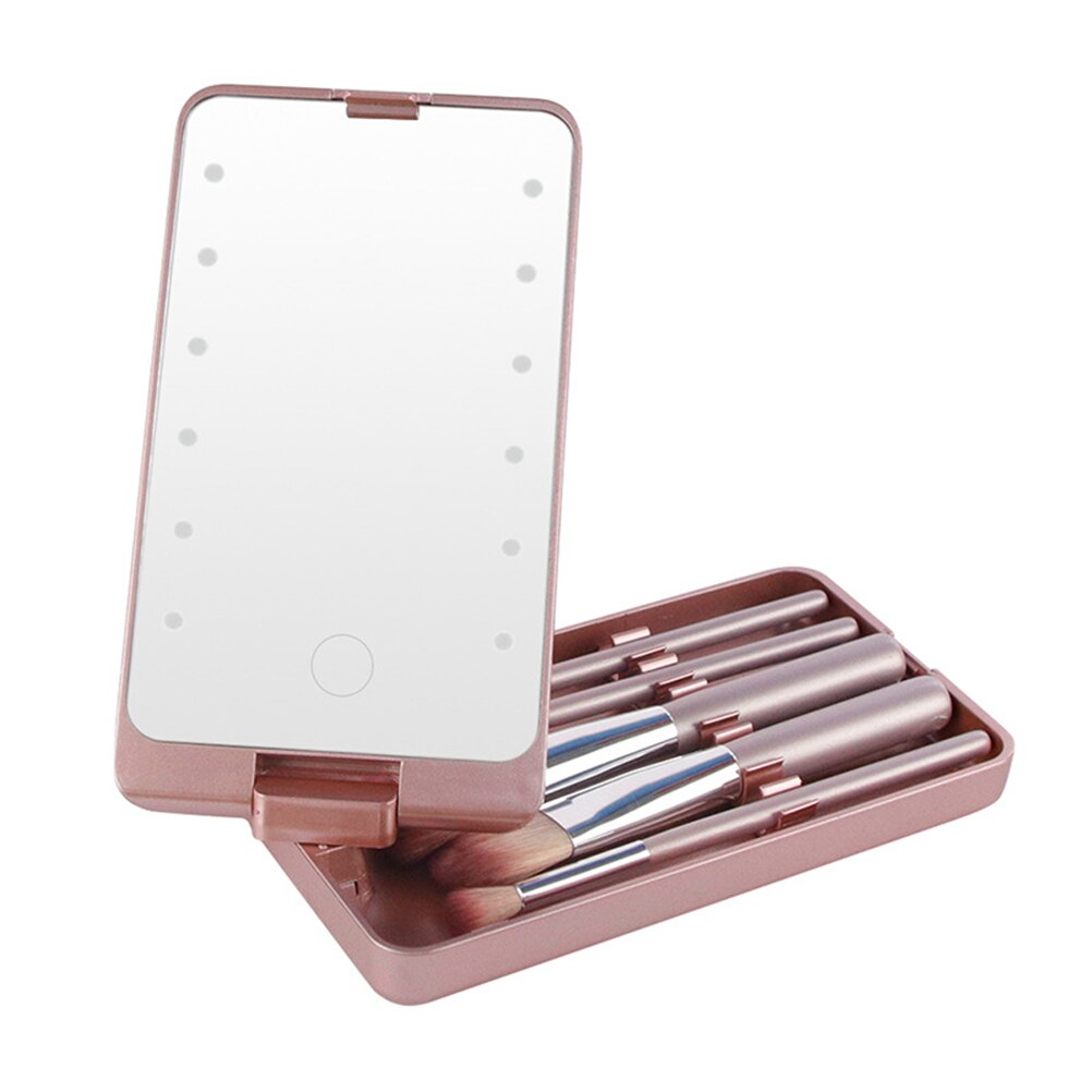 Draagbare Mini Led Make-Up Spiegel Touch Screen Draaibare Cosmetica Borstels Opbergdoos 12 Lichten Vouwen Verstelbare Spiegel