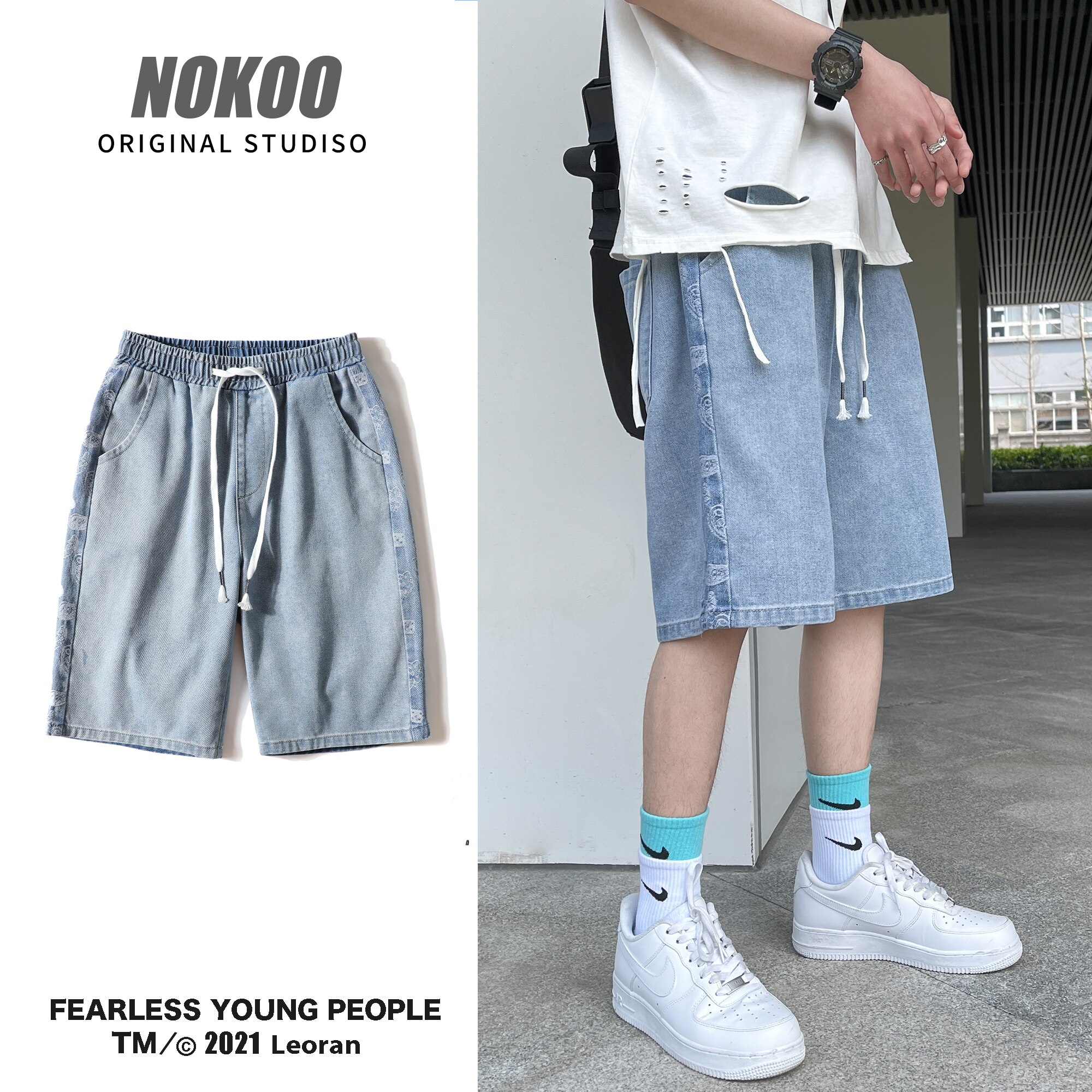 Men's Summer Denim Shorts Straight Large Size Loose Overalls Five-Point Pants Cotton Stretch pants