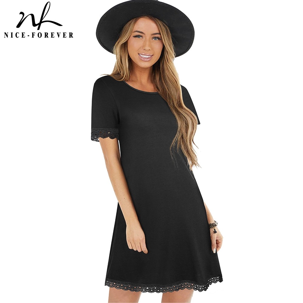 Nice-forever-vestido de verano clásico para mujer, Color negro con encaje de retales, informal, recto, suelto, T029