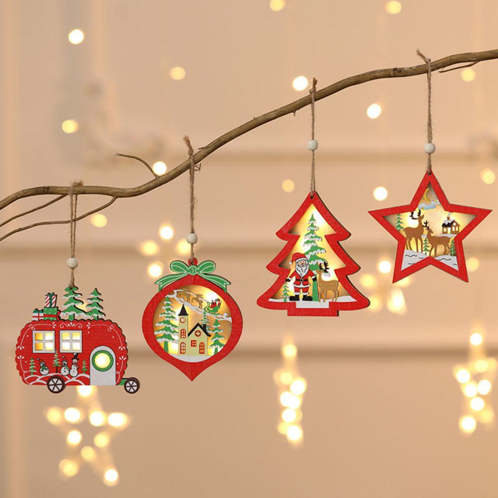 LED light Christmas Tree Star car Wooden Pendants Ornaments Xmas DIY Wood Crafts Kids for Home Christmas Party Decorations