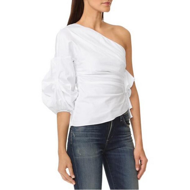 Bella Philosophy spring women three quarter sleeve blusas solid ladies ruffles shirt skew collar female puff sleeve blouse